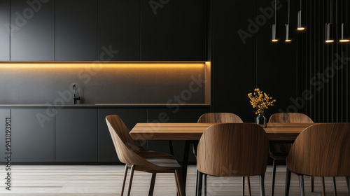 Close-Up of Modern Dining Room with Wooden Table, Chairs, and Black Cabinet