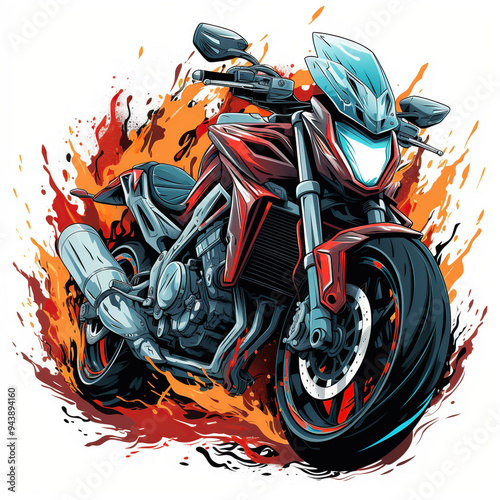 A red and black motorcycle with a blue windshield surrounded by flames, isolated on a white background. photo