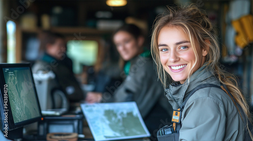 Smiling park rangers monitoring wildlife in national park, conservation and teamwork
