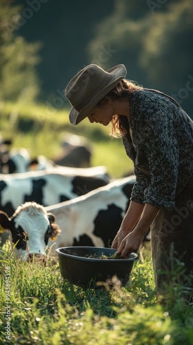 Rural Harmony, Farmer Woman Nourishing Cattle on Idyllic Farm