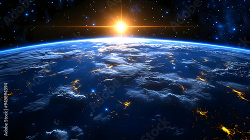 Earth with sunrise and city...