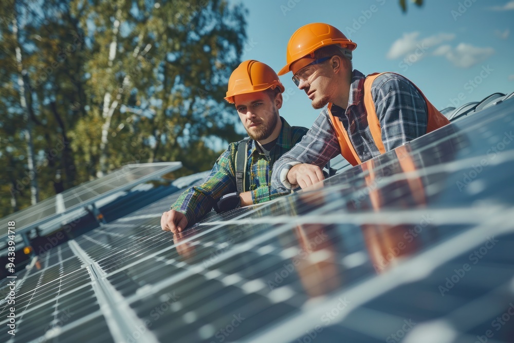Two men in orange safety gear are looking at a solar panel Two men in orange safety gear are looking at a solar panel