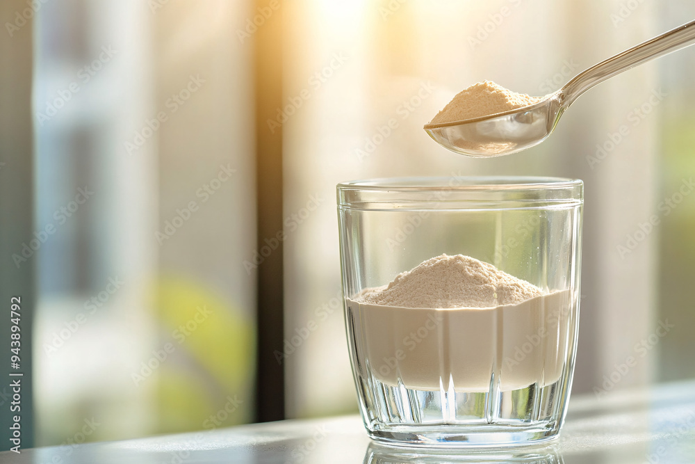 A spoon is scooping whey protein powder into a glass A spoon is scooping whey protein powder into a glass