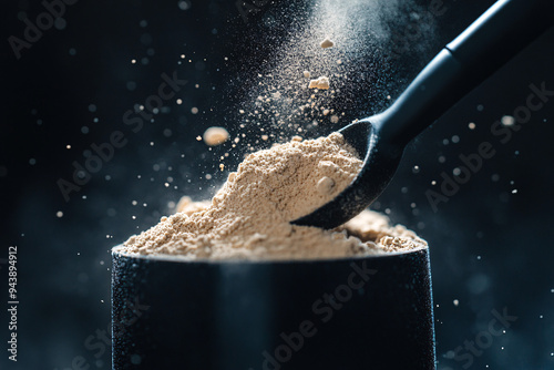 A spoon is scooping up a pile of whey protein powder