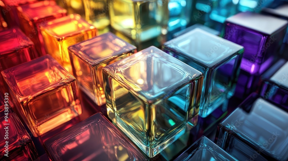 A stunning collection of glass blocks reflecting vibrant hues, creating a complex yet harmonious abstract background. A stunning collection of glass blocks reflecting vibrant hues, creating a complex yet harmonious abstract background.