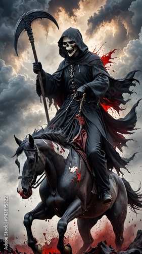 Grim Reaper on Horse with Hellish Scythe and Black Blood Splatters