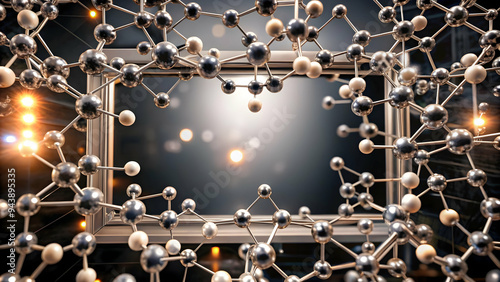 Flat Bio inspired border with molecular structure and copy space concept as A border frame featuring a bio inspired molecular structure design framing a central copy space. The molecules are interconn photo