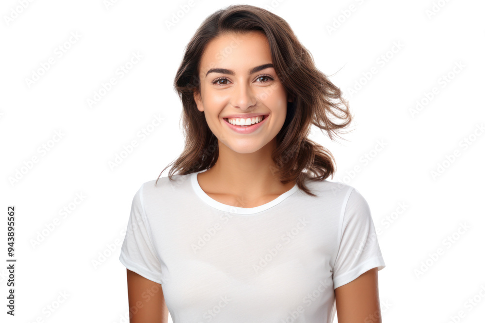 a young woman with a smile wearing a casual t-shirt isolated on white background a young woman with a smile wearing a casual t-shirt isolated on white background