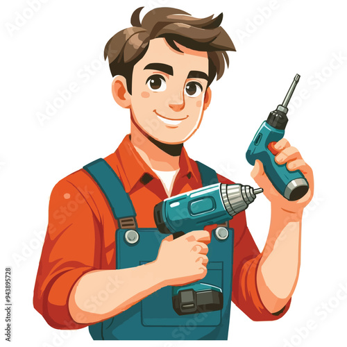 Repairman holding electric screwdriver and smile vector illustration