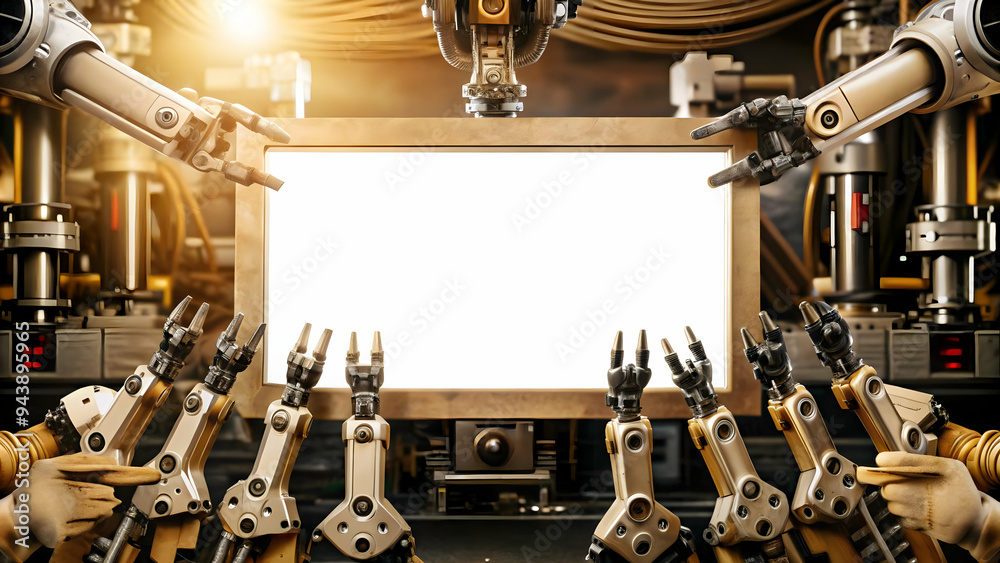 Robotic arm border with futuristic tools framing copy space concept as ...