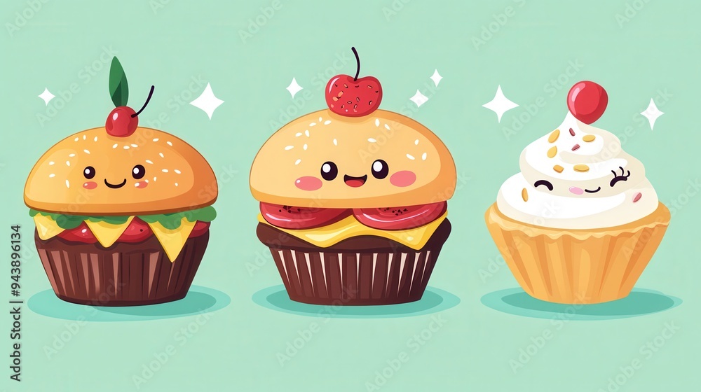 Charming food icons showcase a smiling burger and two cheerful cupcakes, creating a playful and inviting atmosphere perfect for food lovers Charming food icons showcase a smiling burger and two cheerful cupcakes, creating a playful and inviting atmosphere perfect for food lovers