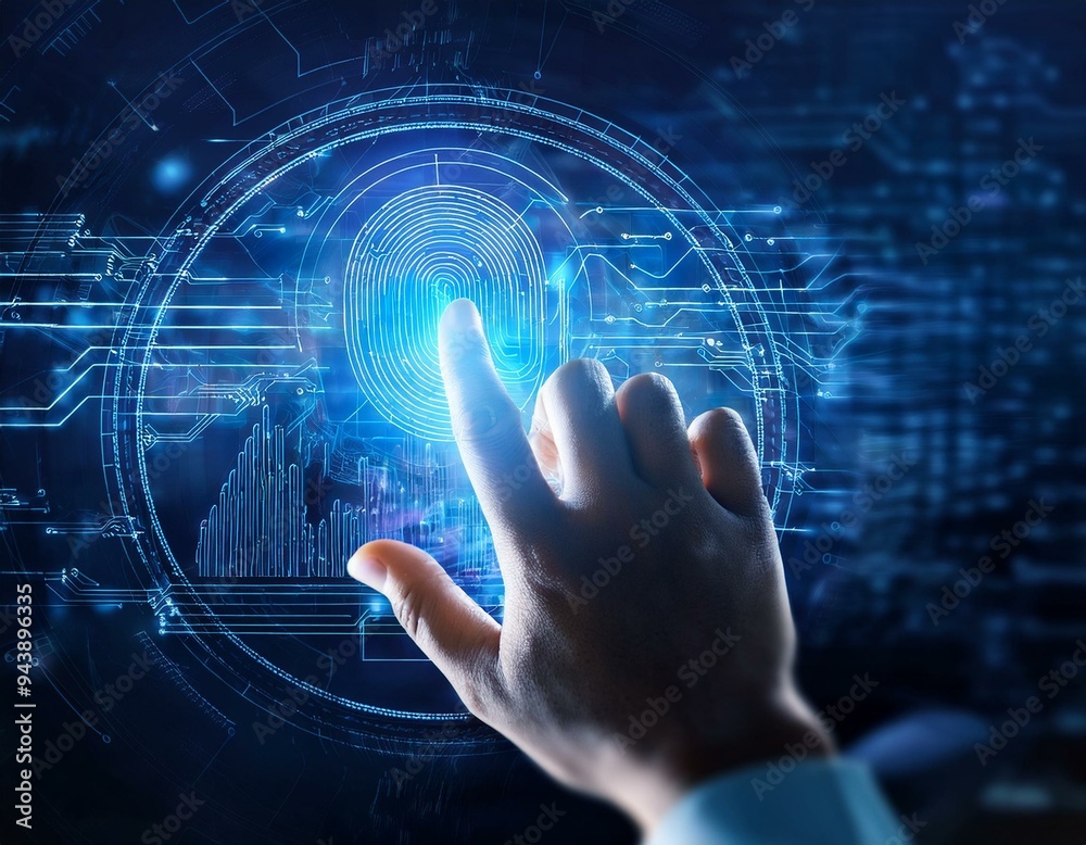 Artificial intelligence and futuristic technology concept, hand touching virtual screen Artificial intelligence and futuristic technology concept, hand touching virtual screen