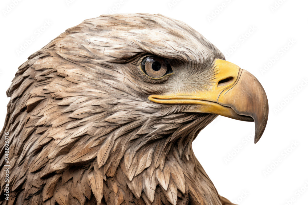 Fototapeta premium weathered relief wood carving depicting a mythical bird isolated on white background