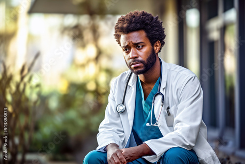 African American male doctor in a white coat and scrubs sits outside a hospital, looking worried. Outdoor greenery on background. Concept of healthcare worker stress and emotional burnout. Copy space