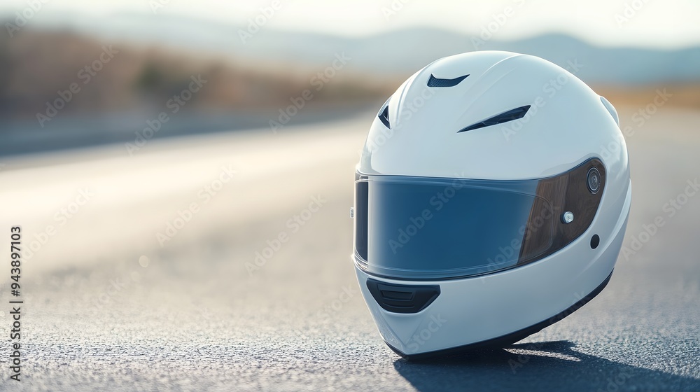 Fototapeta premium Minimalist white helmet with clean lines, matte finish, clear focus on helmet, blurred background of high-speed chases, bright sunlight, sleek and minimalist mood