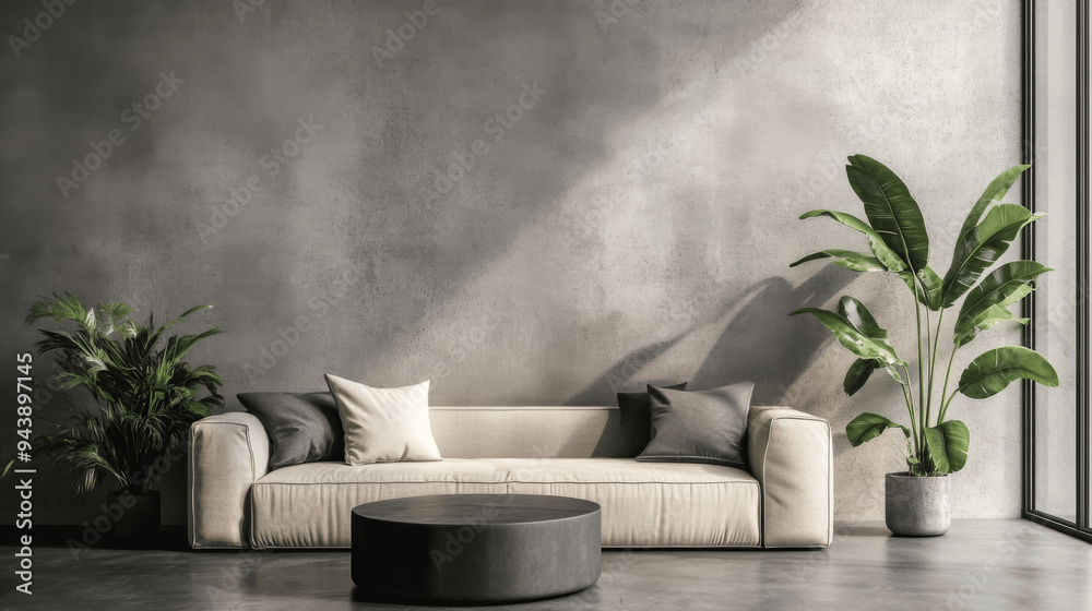 Loft Minimalist Living Room with Grunge Concrete Wall Loft Minimalist Living Room with Grunge Concrete Wall