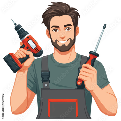 Repairman holding electric screwdriver and smile vector illustration