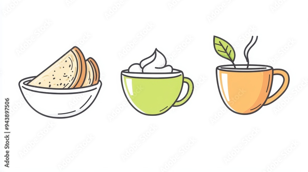 The set showcases simple line icons of food items, including bread, cream, and a steaming cup of tea, emphasizing a clean design The set showcases simple line icons of food items, including bread, cream, and a steaming cup of tea, emphasizing a clean design