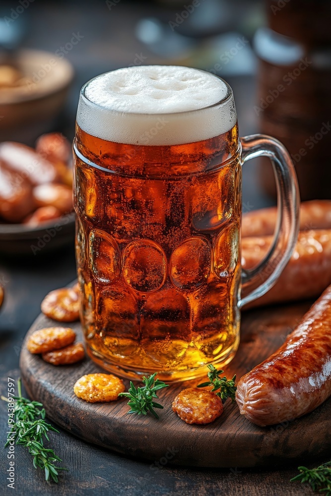 Enjoying a refreshing beer alongside grilled sausages and crunchy snacks at a casual meal gathering Enjoying a refreshing beer alongside grilled sausages and crunchy snacks at a casual meal gathering