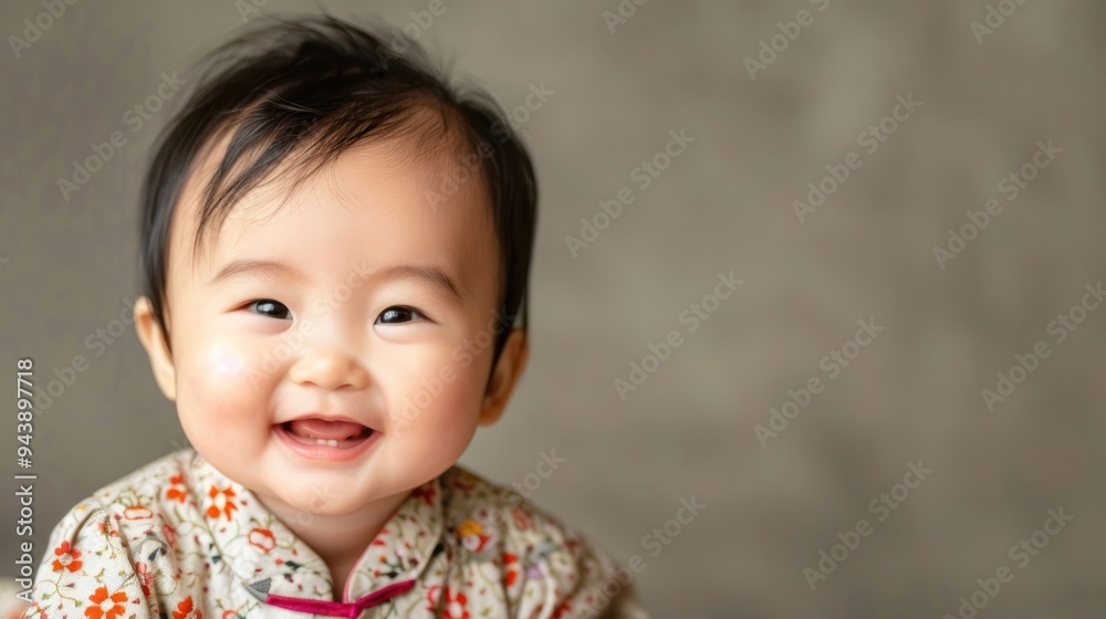 Adorable Chinese baby with a big smile, wearing a cute outfit Adorable Chinese baby with a big smile, wearing a cute outfit