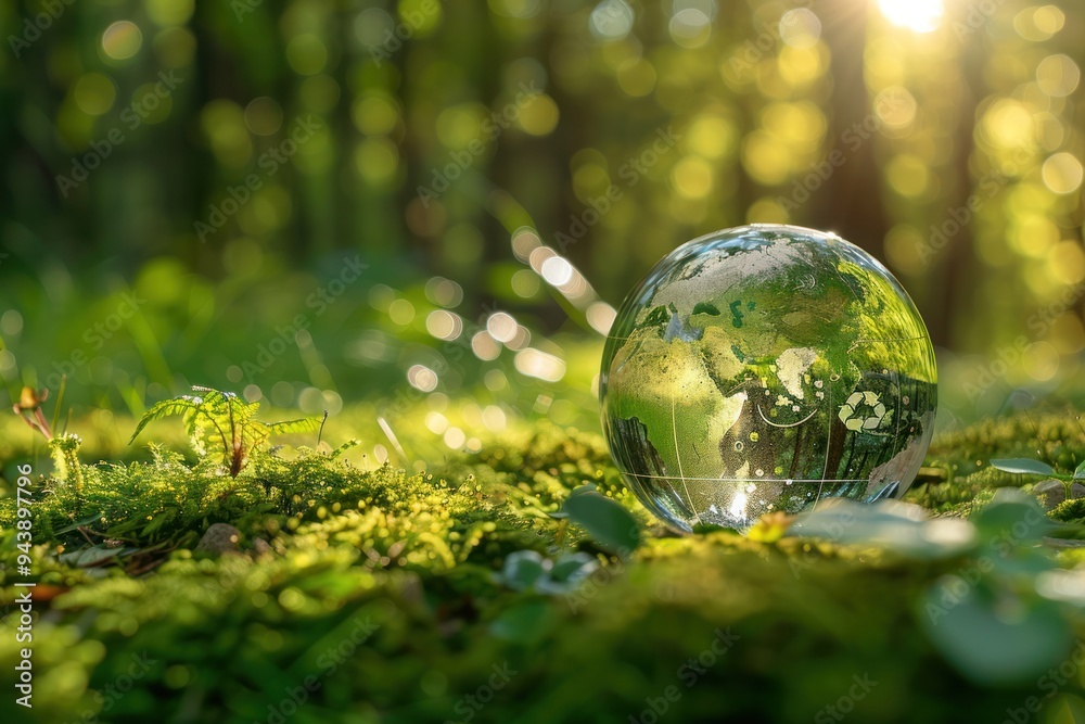 A clear globe is sitting on a green mossy field A clear globe is sitting on a green mossy field