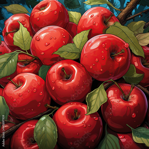 A close-up shot of a branch laden with ripe, red apples, glistening with dewdrops. The apples are arranged in a cluster, creating a vibrant and visually appealing image. photo