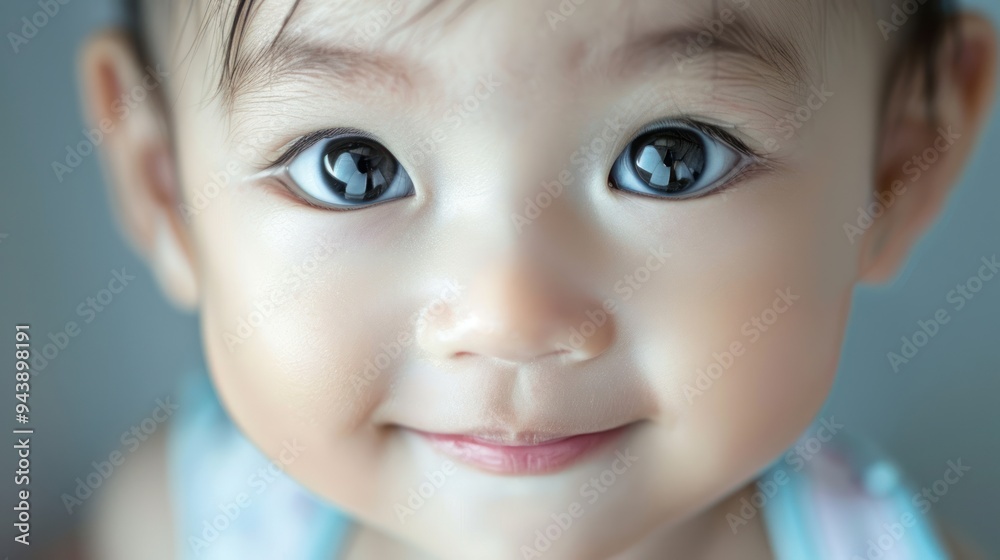 Close-up of an Asian baby’s face with bright eyes and a joyful expression Close-up of an Asian baby’s face with bright eyes and a joyful expression