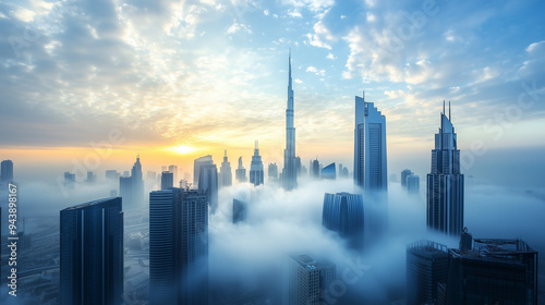 Skyscrapers among clouds in sunrise