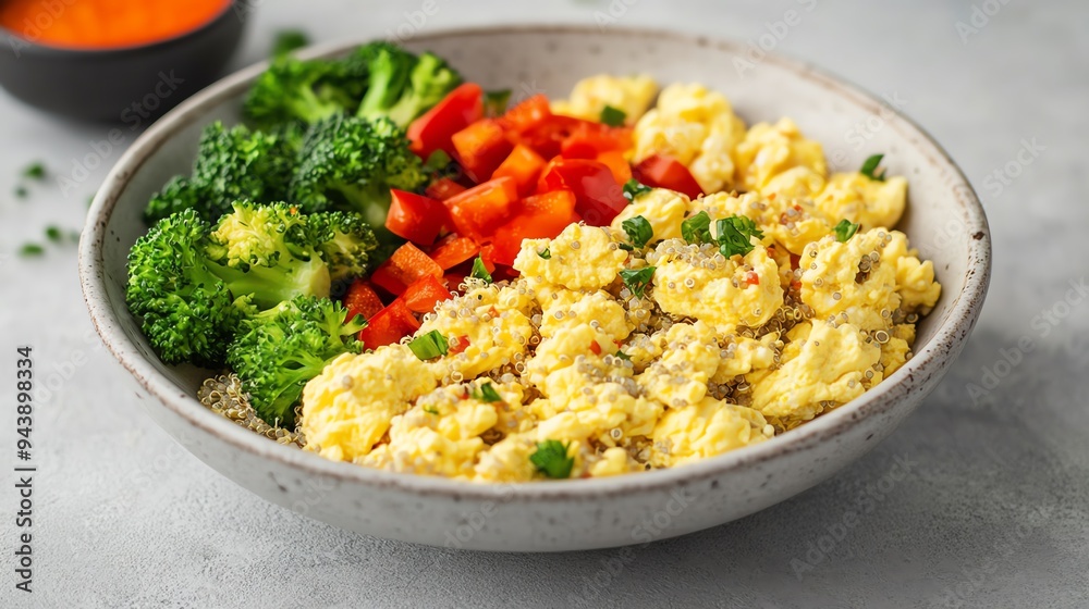 Breakfast bowl with scrambled eggs, quinoa, and veggies Breakfast bowl with scrambled eggs, quinoa, and veggies