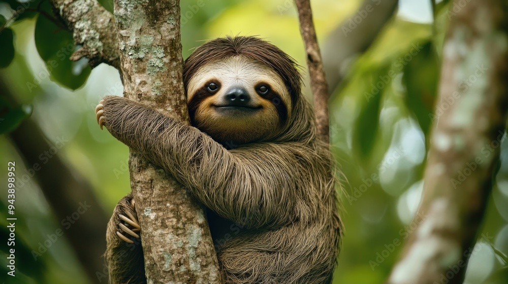 Portrait of a sloth or Latin name Bradypus variegatus hanging on a tree, endangered and protected animal background wallpaper AI generated image Portrait of a sloth or Latin name Bradypus variegatus hanging on a tree, endangered and protected animal background wallpaper AI generated image