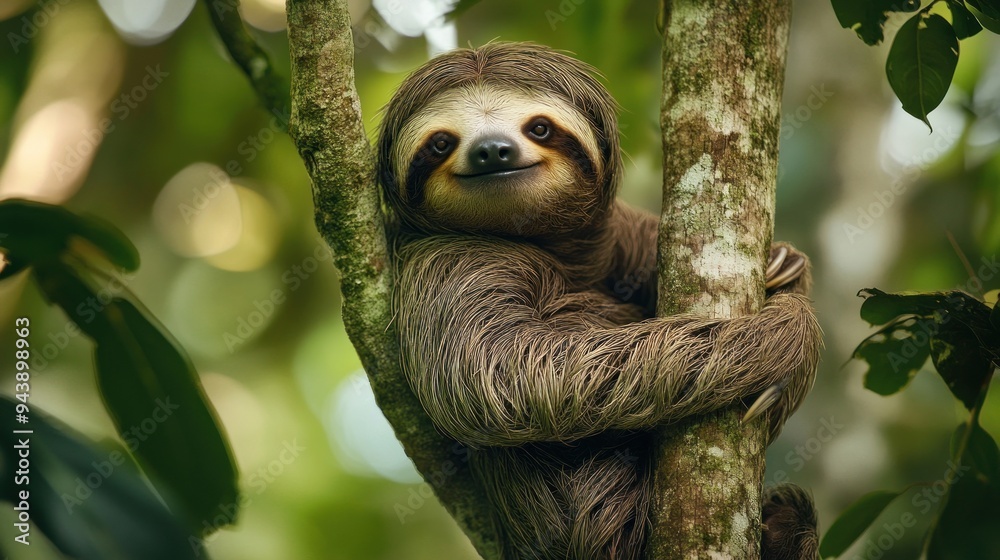 Portrait of a sloth or Latin name Bradypus variegatus hanging on a tree, endangered and protected animal background wallpaper AI generated image Portrait of a sloth or Latin name Bradypus variegatus hanging on a tree, endangered and protected animal background wallpaper AI generated image