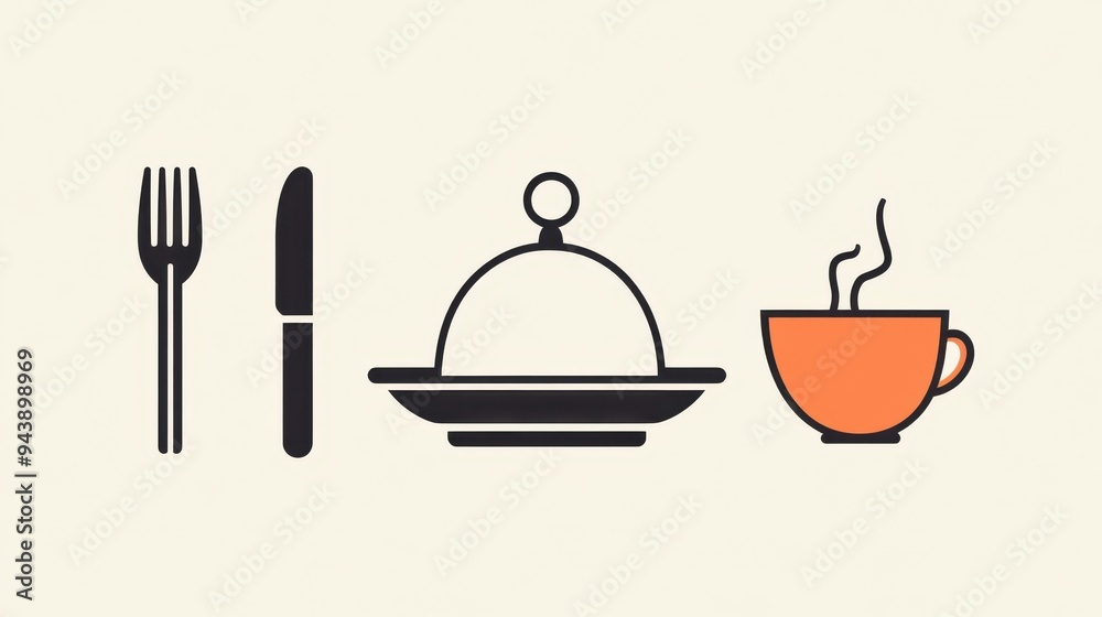 Contemporary vector design features a fork, knife, serving dish, and steaming coffee cup, perfect for restaurant branding and menus Contemporary vector design features a fork, knife, serving dish, and steaming coffee cup, perfect for restaurant branding and menus