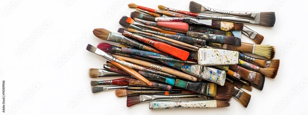 A collection of old paintbrushes on a white background, viewed from above. A creative and artistic concept featuring numerous colorful artist's brushes