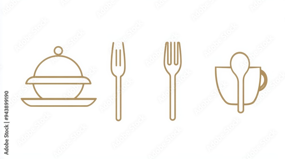 This design showcases contemporary line art icons including a cloche, forks, and a cup representing restaurant dining essentials This design showcases contemporary line art icons including a cloche, forks, and a cup representing restaurant dining essentials