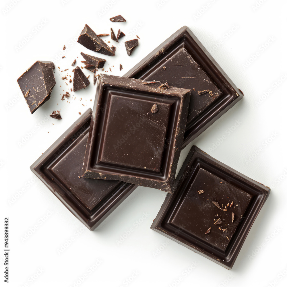 Dark chocolate pieces isolated, Top view Dark chocolate pieces isolated, Top view