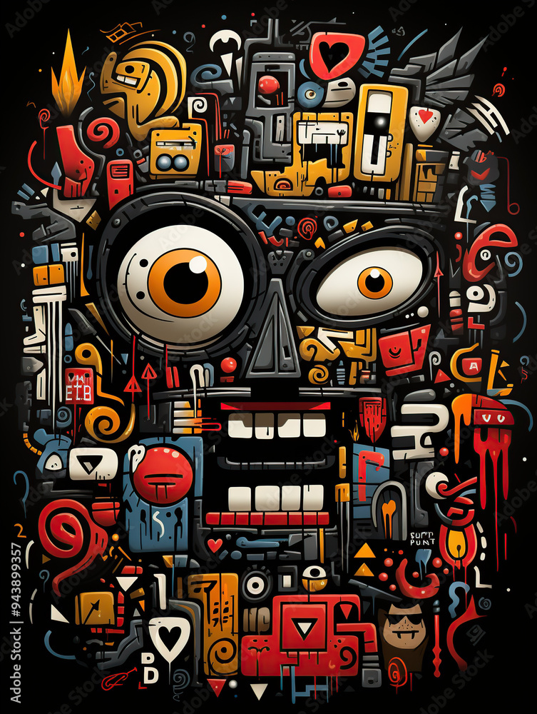 Obraz premium A colorful abstract illustration of a face made of various symbols and patterns.