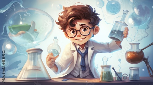 Illustration of a child chemist doing research, wearing a lab coat and carrying a conical flask.