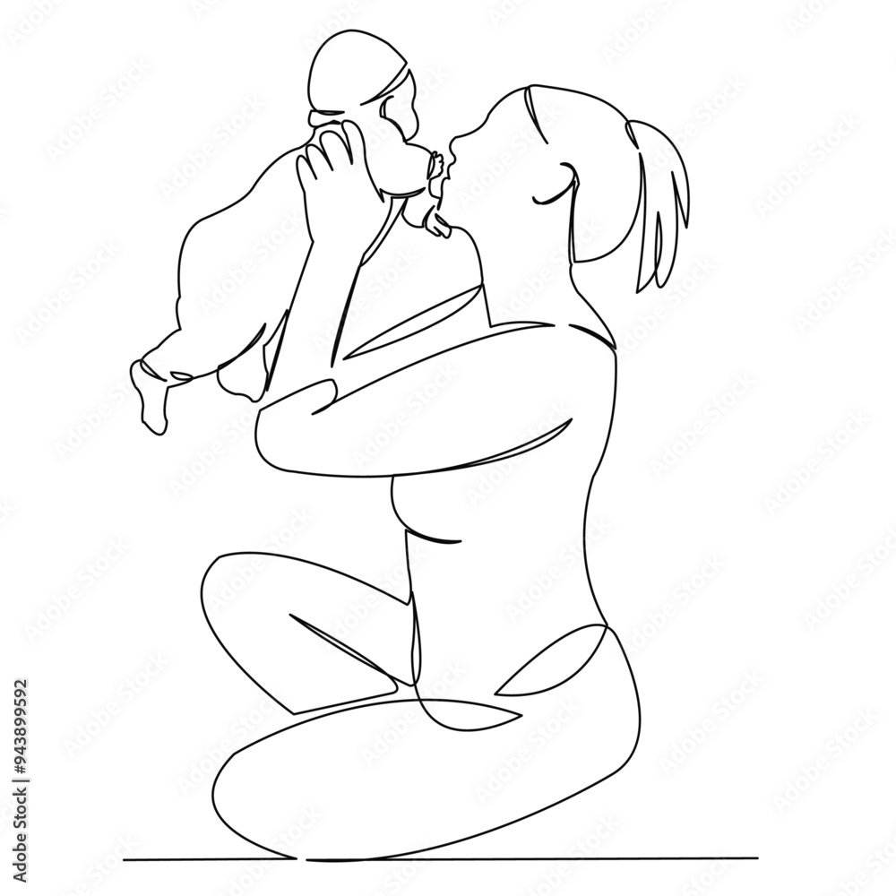 One continuous single drawing line art doodle mother, family, baby, parent, femalel. Isolated image hand draw contour on a white background One continuous single drawing line art doodle mother, family, baby, parent, femalel. Isolated image hand draw contour on a white background