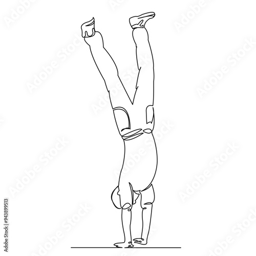 One continuous single drawing line art doodle design, man, male, upside, down, sport. Isolated image hand draw contour on a white background