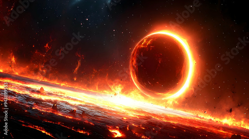 Fiery planet with a ring of...