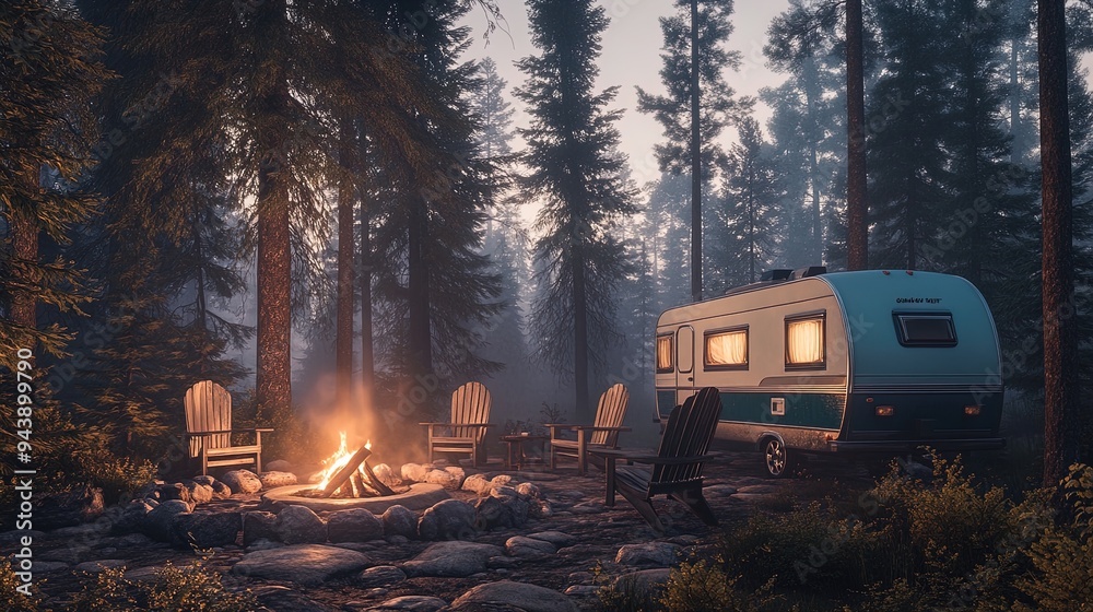 Serene Woodland Escape: Rustic Blue and White Camper Truck Amidst Pine Trees - Perfect for Nature-Themed Posters or Cozy Home Decor!