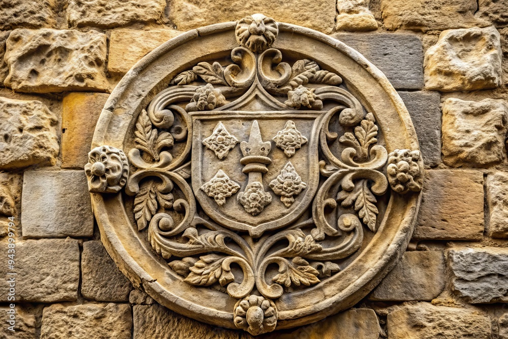 Ancient Stone-Carved Emblem: Aged stone wall with intricate carving of a timeless logo Ancient Stone-Carved Emblem: Aged stone wall with intricate carving of a timeless logo