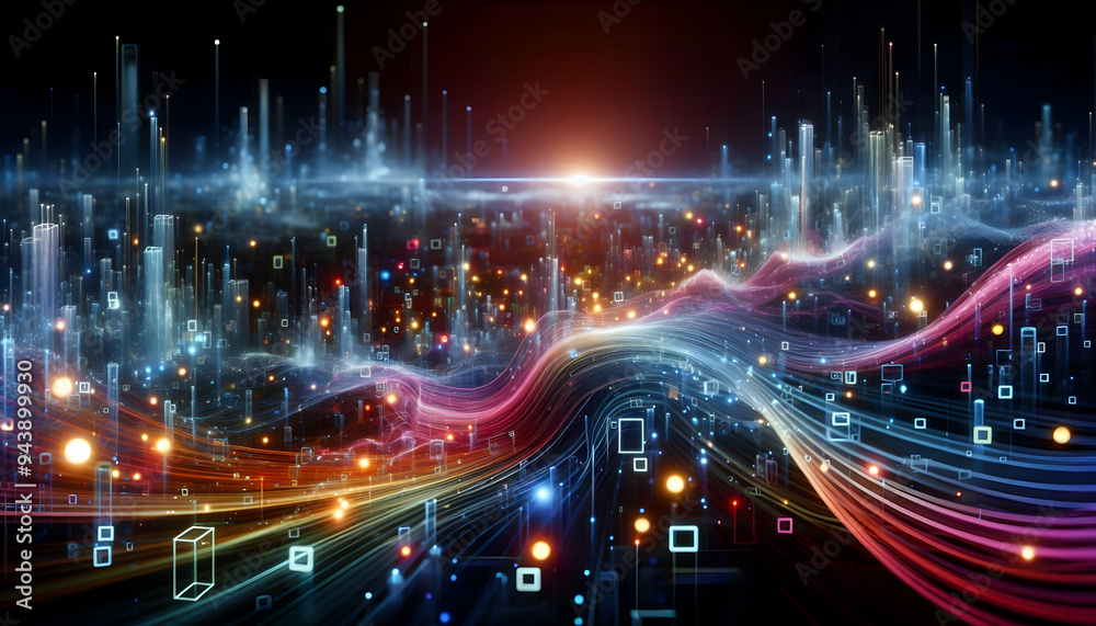 Digital landscape with glowing abstract shapes representing data flow concept as A wide angle shot of a digital landscape filled with glowing abstract shapes that symbolize data flow and operational m