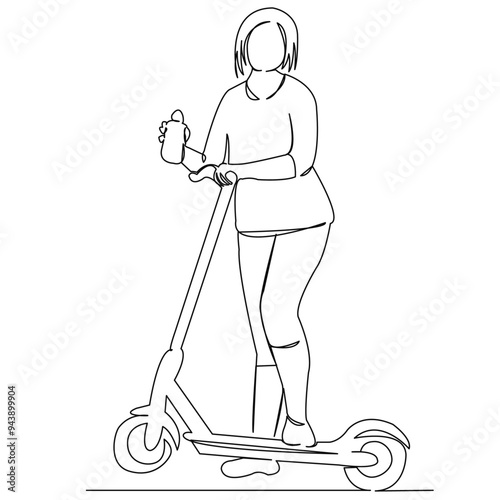 One continuous single drawing line art doodle girl, person, scooter, beautiful, cartoon. Isolated image hand draw contour on a white background