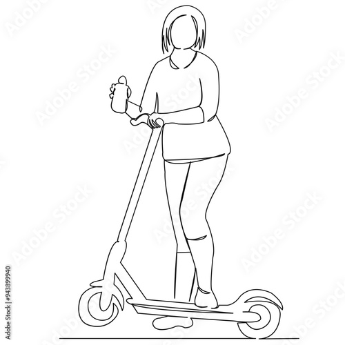 One continuous single drawing line art doodle girl, person, scooter, beautiful, cartoon. Isolated image hand draw contour on a white background
