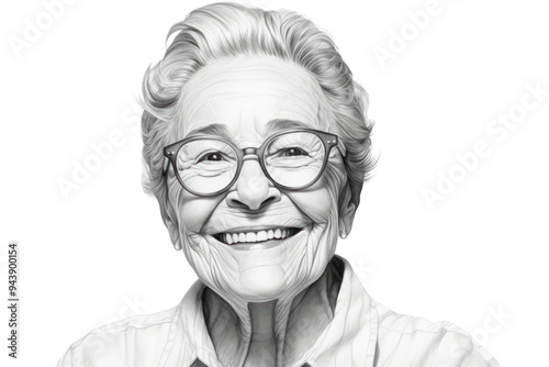 Black and white photo of an elderly woman smiling, isolated on a white background.