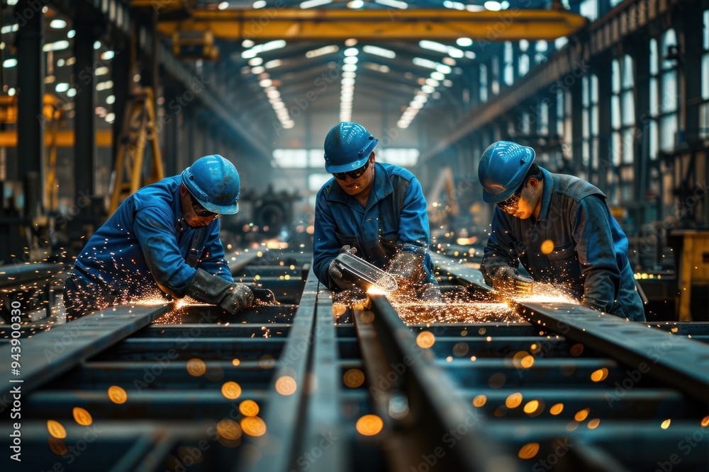 Three men in blue work hard in a factory Three men in blue work hard in a factory