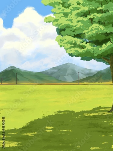 illustration of mountain and grassland views