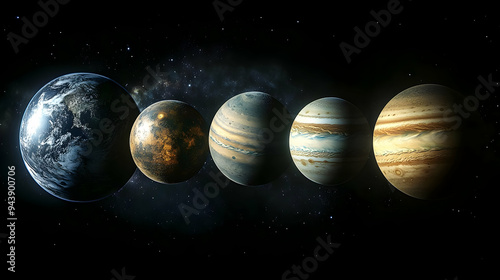 Five planets in space, incl...