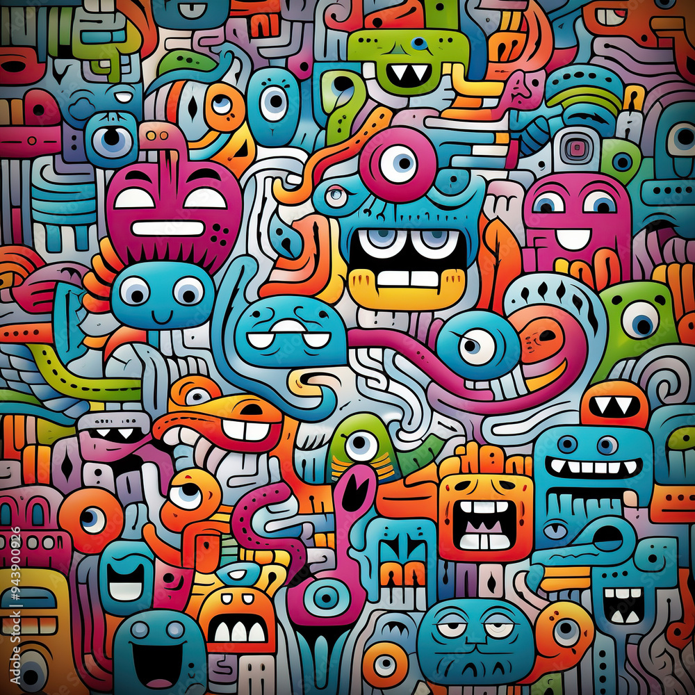 A colorful and chaotic pattern of cartoon monsters with different expressions and features. A colorful and chaotic pattern of cartoon monsters with different expressions and features.